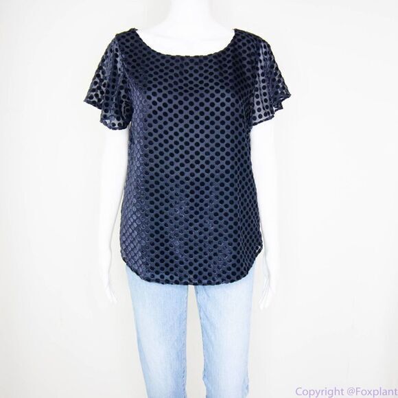 Loft flutter-sleeve navy blue top with dots keyhole back, women size S - Picture 16 of 16